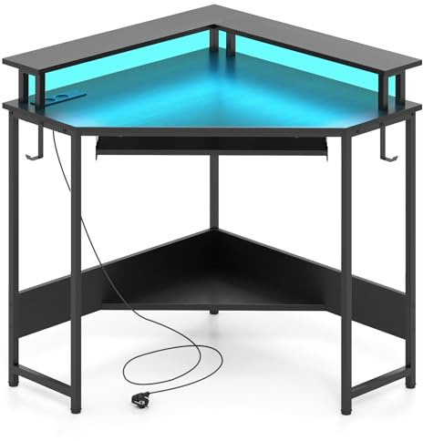 GIANTEX Scrivania ad angolo, scrivania per computer a forma di L con LED multicolore e stazione di ricarica, scrivania con supporto per monitor e ripiano per tastiera regolabile, tavolo da lavoro per