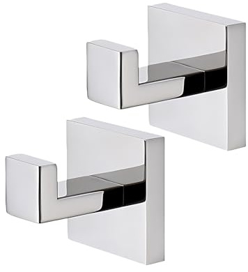 Cazoro Square Towel Hook, 2 Pack Stainless Steel Towel Hooks for Bathrooms, Wall Mounted Door Hook for Robe, Coat, Clothes - Polished Chrome Finish