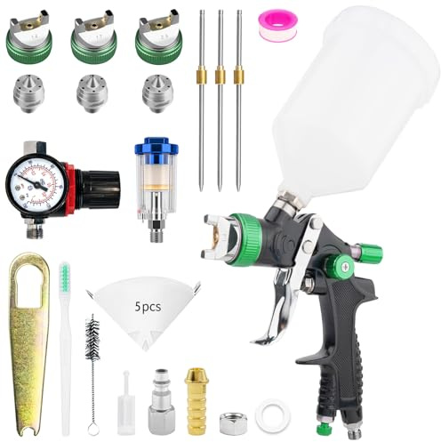 HVLP Professionnel Pistolet à Peinture Carrosserie Alimentation par Gravité 3 Buses 1,4/1,7/2,5mm Coupelle 600cc par gravité et Jauge de Pression HVLP Meubles de Voiture Pistolet de réparation (Vert)