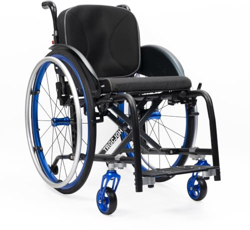 TRGCJGH stol av aluminium, reserullstol, transportrullstol, ultralätt rullstol med självdrift, fällbart fotstöd (blå, 38 cm/14,9 tum sits)