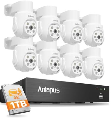 Anlapus 4K 8MP Kit Caméra Surveillance Filaire DVR 8CH 1 to Extérieure | DVR 1TB 8CH en 8MP avec Détection Humain/Véhicule, 8 Caméra Sécurité Complète avec PT 360°, Enregistrement 24/7, H.265+