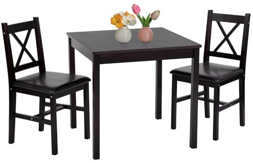 FDW | 3-Piece Solid Wood Dining Table | Dark Brown | Pine Kitchen Table with Upholstered Chairs | Space-Saving Design | Smooth Easy-to-Clean Surface | for Dining Room, Apartment, Restaurant