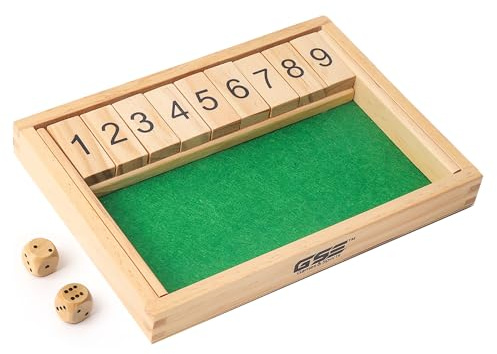 GSE Games & Sports Expert Wooden Shut The Box 9 Number Spots Dice Game Board with 2 Wooden Dice, Classic Tabletop Game Version of The Popular English Pub or Game Night