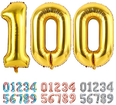 Ponmoo Foil Balloon Number 100 Gold, Giant Numbers 0 1 2 3 4 5 6 7 8 9 10-19 20-29 30-39 40-49 50-60-70-80-90-100, Large Balloons for Wedding Anniversary Birthday Party Decoration