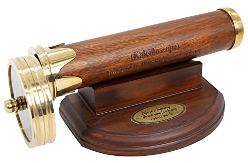 SaKeGa Handcrafted Wooden Kaleidoscope with Stand & Brass Accents - Detachable Dual Discs, Engraved Inventor Details - Antique Collectible Gift for Men, Women, Kids & Adults