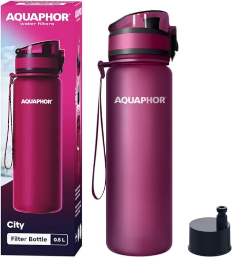 AQUAPHOR City Filterflasche 500ml Rubin I Flasche mit Wasserfilter für unterwegs I Filter mit Aktivkohle I Filtert Chlor I Aus Tritan & BPA-frei I Für besseren Geschmack & Geruch des Wassers