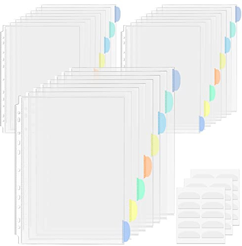 24 Pcs Punched Pockets A4 Plastic Sleeves with Tab Divider for Binder Folder Clear Poly Pockets Top-Opening 11 Holes Binder Pocket for School Office Home