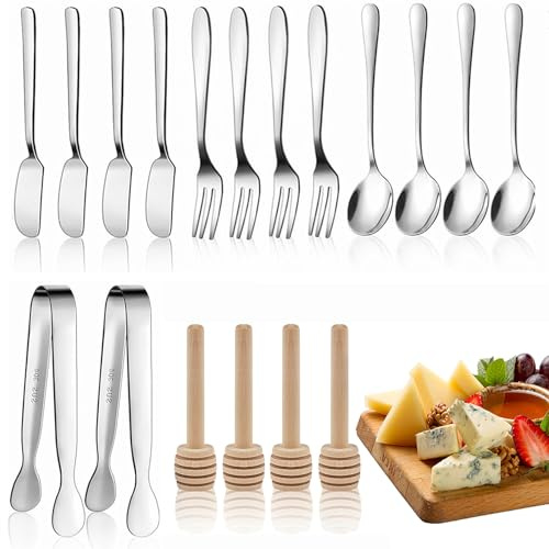 Jutieuo Charcuterie Board Accessories, 18 Pcs Silver Stainless Steel Spreader Knives Set Include Mini Serving Tongs, Cheese Butter Knives, Spoons, Forks, Honey Dippers