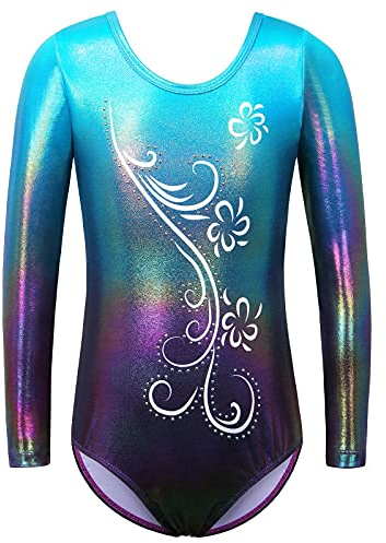 ZNYUNE B269 - Body da ginnastica da ragazza, a maniche lunghe, senza maniche, colorato, scintillante, tuta da danza sportiva per bambini dai 3 ai 12 anni, fiori acquatici, 14 A