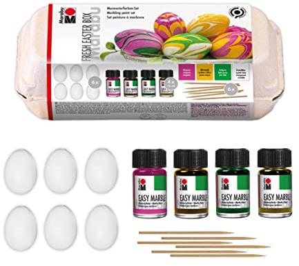 Marabu 1305000000098 - Set di Marmi Facili Fresh Easter Box per marmorizzare e colorare, incl. 6 Bastoncini di Legno e 6 Uova di plastica, 4 Colori Base da 15 ml