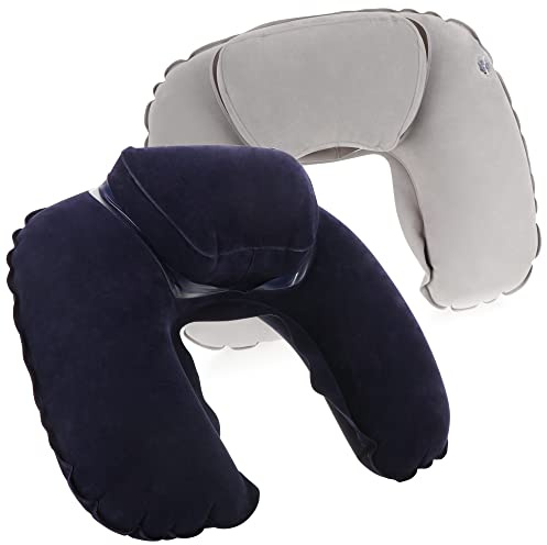 com-four® 2X Oreiller de Soutien de Nuque Gonflable - Oreiller de Nuque Pratique à gonfler - Oreiller de Voyage idéal pour Les déplacements (Augmenté - 2 pièces - Gris Bleu foncé)