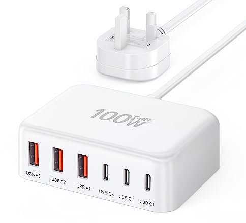 100W GaN 6 Port USB C Charging Station - Portable Travel Multi Desktop Charger With 3 USB C and 3 USB A Fast Charging for iPad iPhone 16 15 14 13 12 Pro Max Pixel Note Galaxy - White