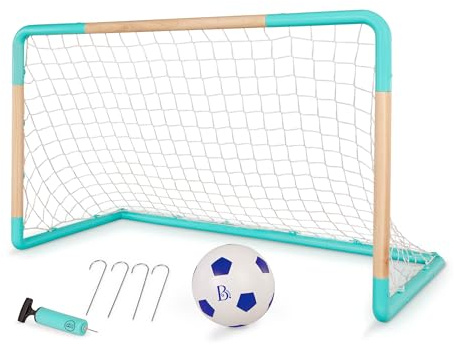 B. toys Kids Kid-Sized w/Wooden Frame – One-Click Assembly and Ground Stakes – Uppblåsbar minipump – 3 år + fotboll nät och boll, flerfärgad, BX2346C1Z