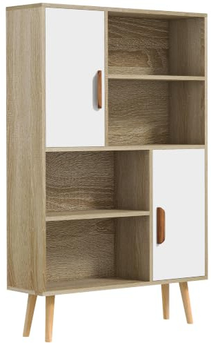 HOMCOM Estantería Escandinava 80x24x123 cm Roble Sólido | 4 nichos + 2 armarios con estante, patas inclinadas cónicas