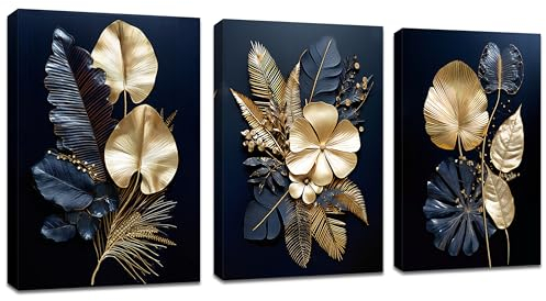 FajerminArt 3 Panels Modern Canvas Wall Art Navy Blue Gold Flowers Coconut Leaves Pictures Painting on Canvas Prints for Living Room Bedroom Office Wall Decoration Stretched On Frame 30x40cmx3 Pcs