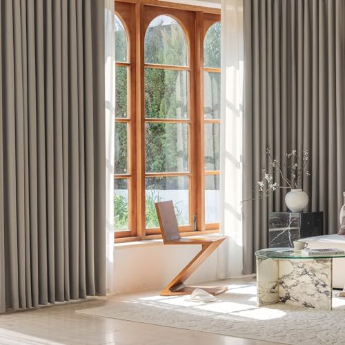 Blickdichter Vorhang für Schlafzimmer 147 cm Hoch, 2er Set Gardine Vorhänge Jacquard Einfarbig mit Ösen Hellbraun Fenster Verdunkelungsvorhänge Moderne Wohnzimmer, 147x107 cm