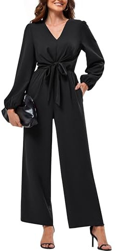 JASAMBAC Jumpsuits Women,Elegant Long Sleeve Jumpsuit Wide Leg Jumpsuits Wedding Guest Outfits One Piece Casual Jumpsuits Festival Outfit V Neck&High Waist Romper Travel Outfits With Pockets