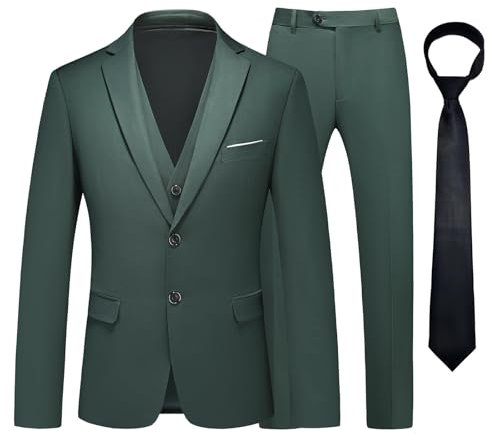 KUDMOL Herren Anzug 3 Stück Zwei Knöpfe Business Hochzeit Smoking Herren Anzug Jacke Weste Hose Set mit Krawatte（Dunkelgrün,L
