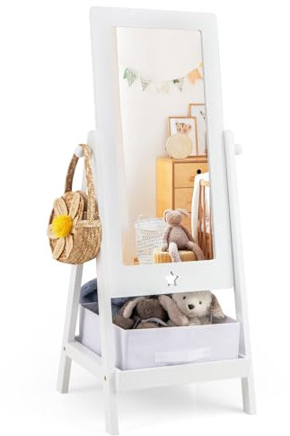 COSTWAY Kinder Ganzkörperspiegel, freistehender Standspiegel 360°drehbar mit 2 Seitenhaken, Ablage & Stoffbehälter, Schminkspiegel Ankleidespiegel aus Holz für Kinder, 45 x 40 x 112cm, Weiß
