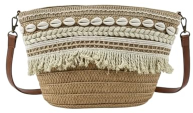 MODELISA - Bolso Bandolera Capazo Rafia Paja Con Conchas Y Flecos Estilo Bohemio Mujer (Marrón)