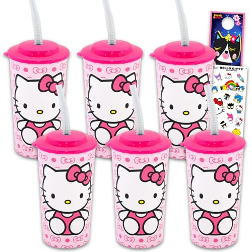 Hello Kitty Kids 16 Oz Reusable Cups - Sanrio Party Favor 6 Piece Bundle with 16 Oz Cup with Lid and Straw Plus Stickers for Boys, Girls | Hello Kitty Tumbler with Straw