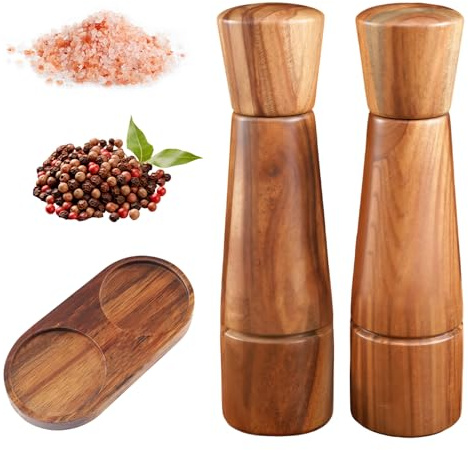 Spalivivre Molinillo de Pimienta, Juego de 2 Molinillos de Especias de Madera, Molinillo de Sal de Cerámica Ajustable, para Varias Especias