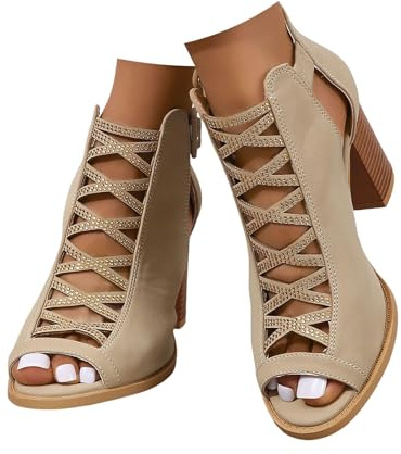 Xbemkste Sandalias de mujer con tacón vintage sandalias romanas con cremallera elegantes tacones altos sandalias peeptoe sandalias de verano zapatos elegantes clásicos de tacón de bloque, caqui, 37.5