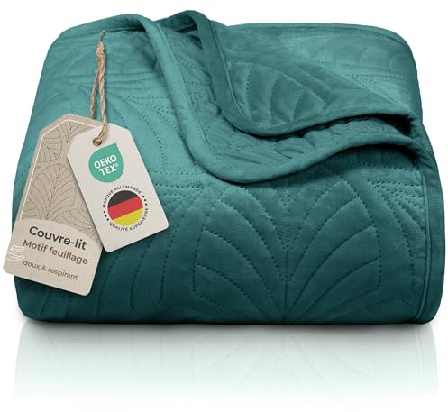 Gräfenstayn Colcha bouti 200x220 cm – cubrecama Acolchado sin Costuras con diseño de Hojas – Manta Decorativa Moderna para Cama o sofá – antirrugas y fácil de cuidar (Verde Oscuro)
