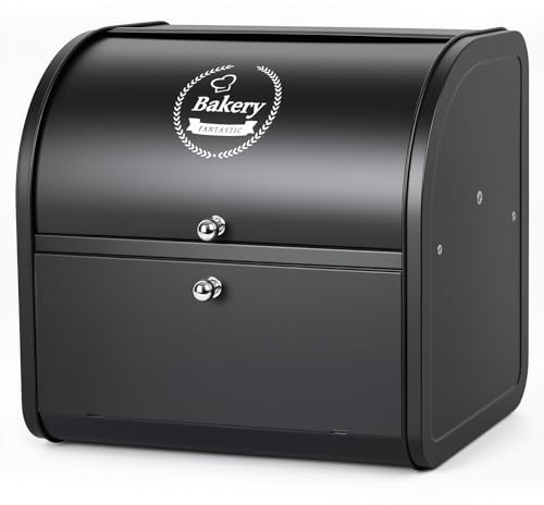 Osrioal Bread Bin, Double Bread Bins for Kitchen, Large Bread Bin with Roll Top Lid | Corner | 2 Tier | Black | 35 x 25 x 33cm
