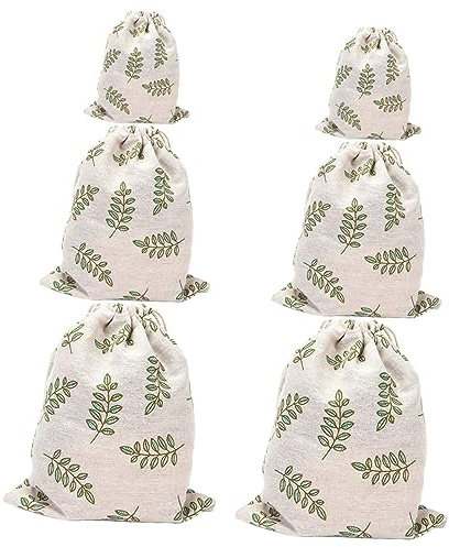 WEKADRIN 6Pcs Printed Cotton Linen Drawstring Pouches Storage Bags for Travel Clothes Underwear Organization Small Medium Large Lightweight Packing Sacks for Home Dorm Party