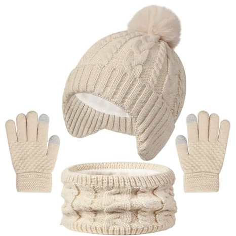 Jupsk Kids Hat Scarf Gloves Set, Winter Beanie Snood Knit Thick Neck Warmer Pom Pom Cap Fleece Lining for Children Girls Boys 3-10 Years (Beige)