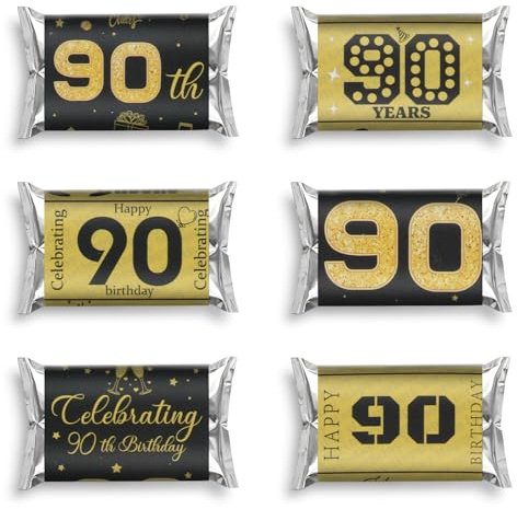 90 Pcs Candy Wrappers 90th Birthday Party Favors, Black and Gold Stickers for Chocolate Label, Candy Wrappers Stickers, 90th Birthday Decorations for Men Anniversary Party Supplies