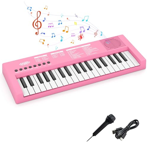 COSTWAY Clavier Piano Enfants 37 Touches avec Microphone, Piano Numérique Portable avec 8 Rythmes, 8 Tonalités, 22 Démos, Haut-parleurs, Jouet Musical Éducatif pour Garçons Filles 3 Ans+ (Rose)