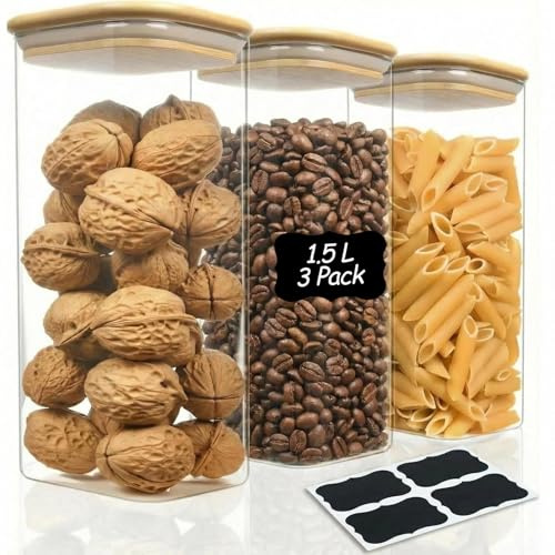 BUOAZR Barattoli di Cucina in Vetro, Set di 3 Barattoli in Vetro Borosilicato, 1500ml Barattolo Vetro con Coperchio, Barattolo e Contenitori con Etichette, per Cereali, Pasta, Zucchero, Caffè, Spezie