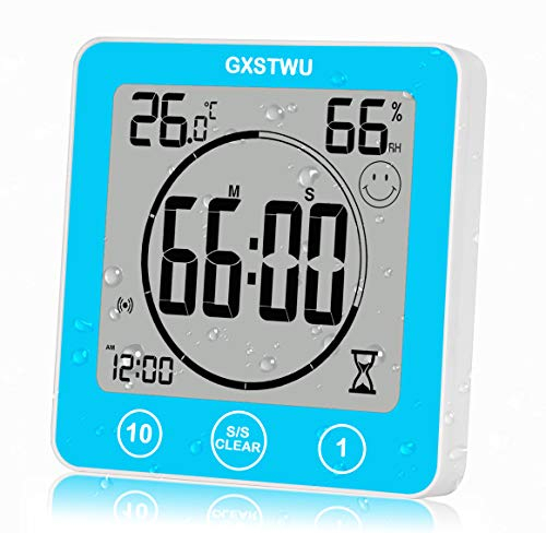 GXSTWU Digital Timer Shower Clock Waterproof Clocks for Bathroom Kitchen Timer Clocks Thermometer Hygrometer Wall Clock with Suction Cup Hanging Hole Stand Magnet Blue