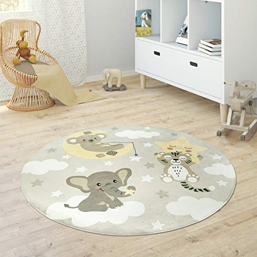 Paco Home Kinderteppich Teppich Rund Kinderzimmer Spielmatte Babymatte rutschfest Stern Mond Elefant Regenbogen, Grösse:Ø 120 cm Rund, Farbe:Beige