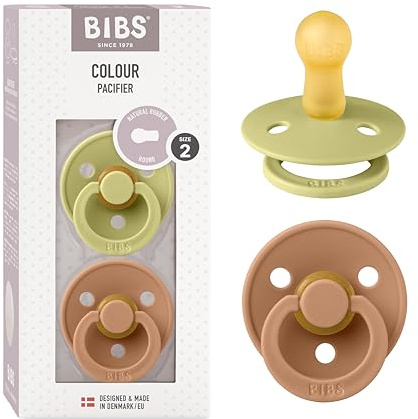 BIBS Colour Soother 2-Pack, BPA Free Dummy Pacifier, Round Nipple. Natural Rubber Latex, Size 2 (6-18 Months), Meadow/Earth