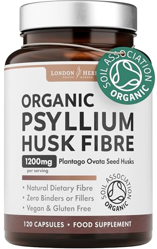 London Herbs Organic Psyllium Husk Capsules 1200mg | High Strength Psyllium Husk Fibre Supplement | 120 Vegan Capsules | Daily Soluble Fibre Supplement