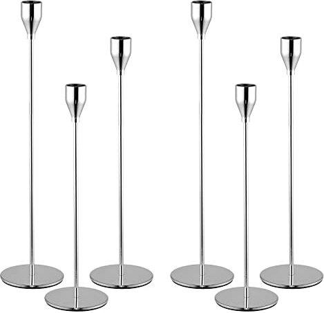 Set di 6 portacandele in argento per candele coniche, portacandele da 1,9 cm, per matrimonio, soggiorno, sala da pranzo, colore: argento