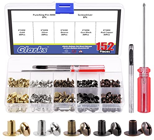 Glarks Lot de 150 vis Chicago rondes à tête plate de 8 x 6 mm, rivets en cuir 5 couleurs, avec perforateur et tournevis pour travaux manuels en cuir, vêtements, chaussures, ceintures, sacs