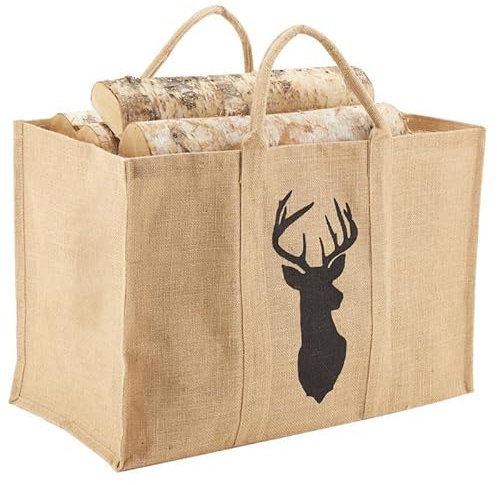Sac à bûches tete de cerf en toile de jute plastifié 30x60x40cm