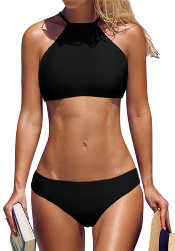 CharmLeaks Ladies Hlater High Neck Bikini Set Cross Back Removal Padded Swimwear Black L
