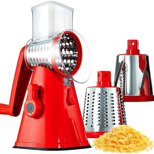 EMSON Râpe à fromage rotative avec poignée, râpe à fromage à manivelle, râpe à coupe rapide pour cuisine avec 3 lames interchangeables, râpe à fromage avec base à ventouse