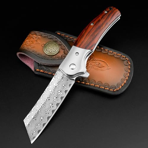 AUBEY Damast Taschenmesser Klappmesser mit Damaststahl Klinge, Holzgriff, Flipper, Gürtelclip- Scharfes Einhandmesser für Jagd Camping Wandern Geschenk Sammeln