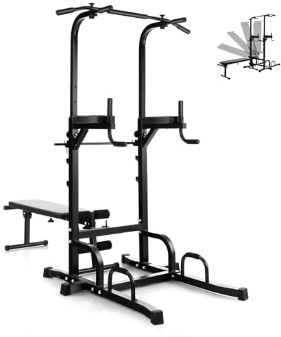 GYMAX Power Tower con Panca per Sit-up, Torre di Trazione Regolabile in Altezza con Panca Pieghevole Fino a 275 kg, Attrezzatura per Fitness Adatta a Tutto il Corpo per la Palestra Domestica