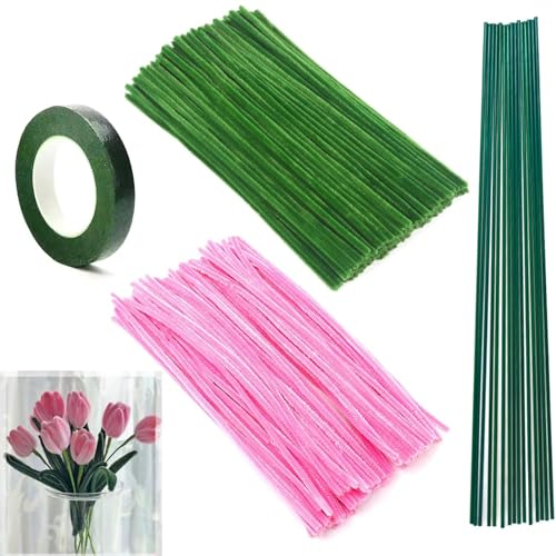 Tulpe Blumenstrauß Pfeifenreiniger Set, 200 Stück Pfeifenreiniger, 2 Farben (Rosa, Blattgrün) Pfeifenreiniger Chenilledraht für Zum Basteln und Handwerk Dekorieren Chenilledraht DIY Geschenke