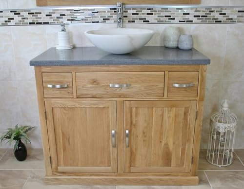 Wooden Bathroom Vanity with Sink and Drawers - Natural Oak Double Door Bathroom Sink Cabinet Wash Basin - Single Vanity Unit with Chromed Mixer Tap - White Marble Bowl with Grey Quartz Top