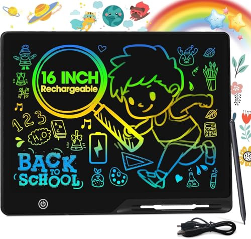 POPERFUN Tablette Dessin Enfant 16 Pouces Rechargeable, Ardoise Magique Multicolore, Protéger sa vue Tablette d'écriture LCD, Convient aux Enfants âgés de 3-10 Ans Jouets Anniversaire, Cadeau de Noël