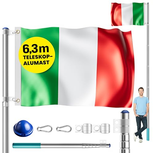 MONZANA® Set Montaggio Bandiera con Asta in Alluminio 6,30 m Incl. Fune Moschettone Gancio per Messa a Terra Regolabile in Altezza
