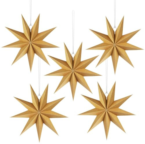Vicloon 9 Pointed Paper Star Lanterns, 5 PCS 30cm 3D Large Star, Christmas Decorations Hanging Stars, Paper Lantern for Christmas Wedding Birthday Holiday Party Home Decor (Yellow)